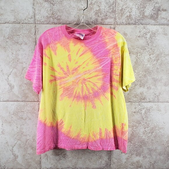 Adult Bright Hanes Pink Yellow Preshrunk Swirl Tie Dye T Shirt Size L 42- 44 - Picture 1 of 6